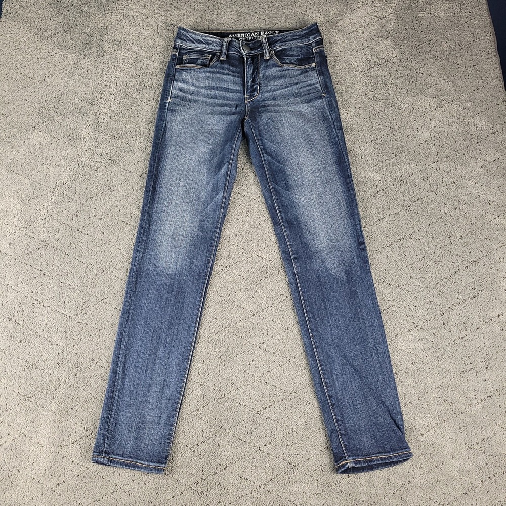 American Eagle Jeans Womens 2 Blue Skinny Low Rise Whisker Stretch Denim